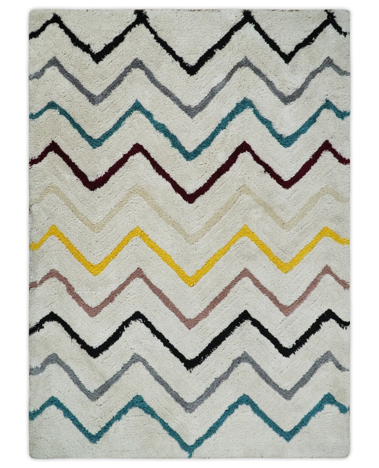 3x5, 4x6 and 5x7 Hand Woven Shag Ivory with multicolor Stripes Art Silk Soft Viscose Area Rug