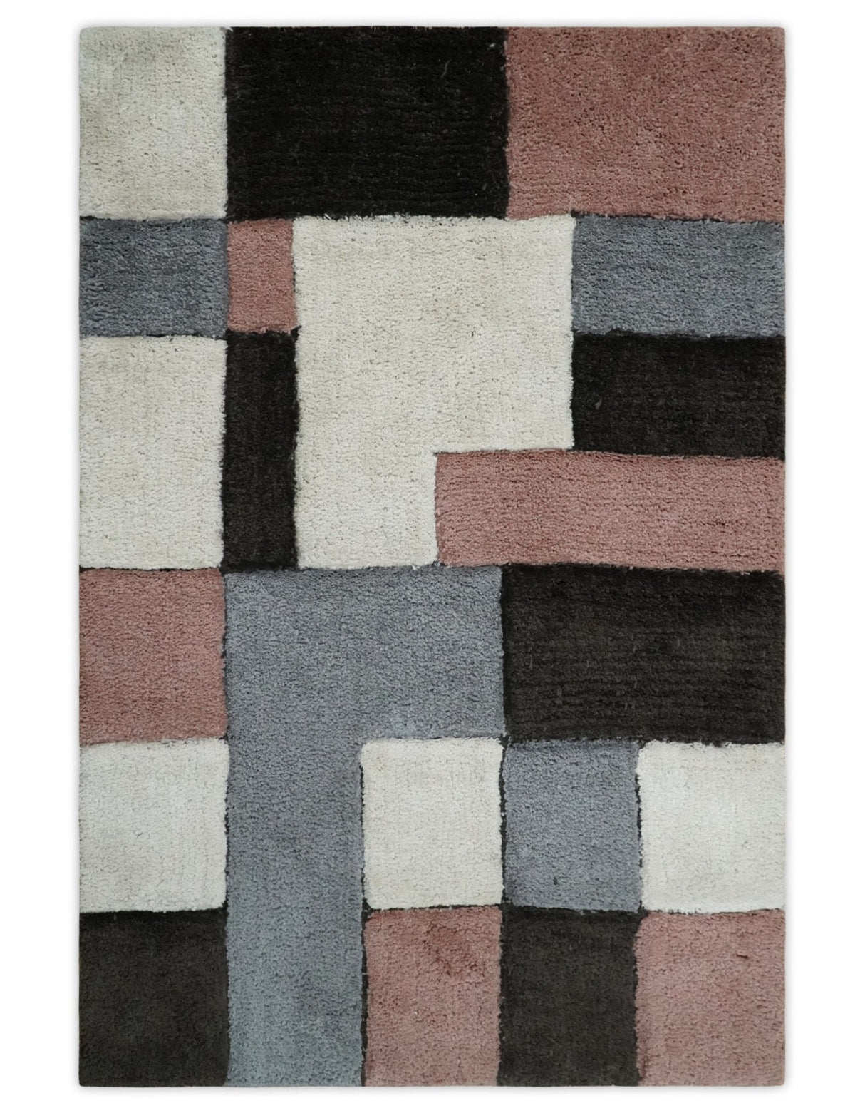3x5, 4x6 and 5x7 Hand Woven Shag Ivory. Charcoal and Peach Art Silk Soft Viscose Area Rug-Area Rug-Parc Decor