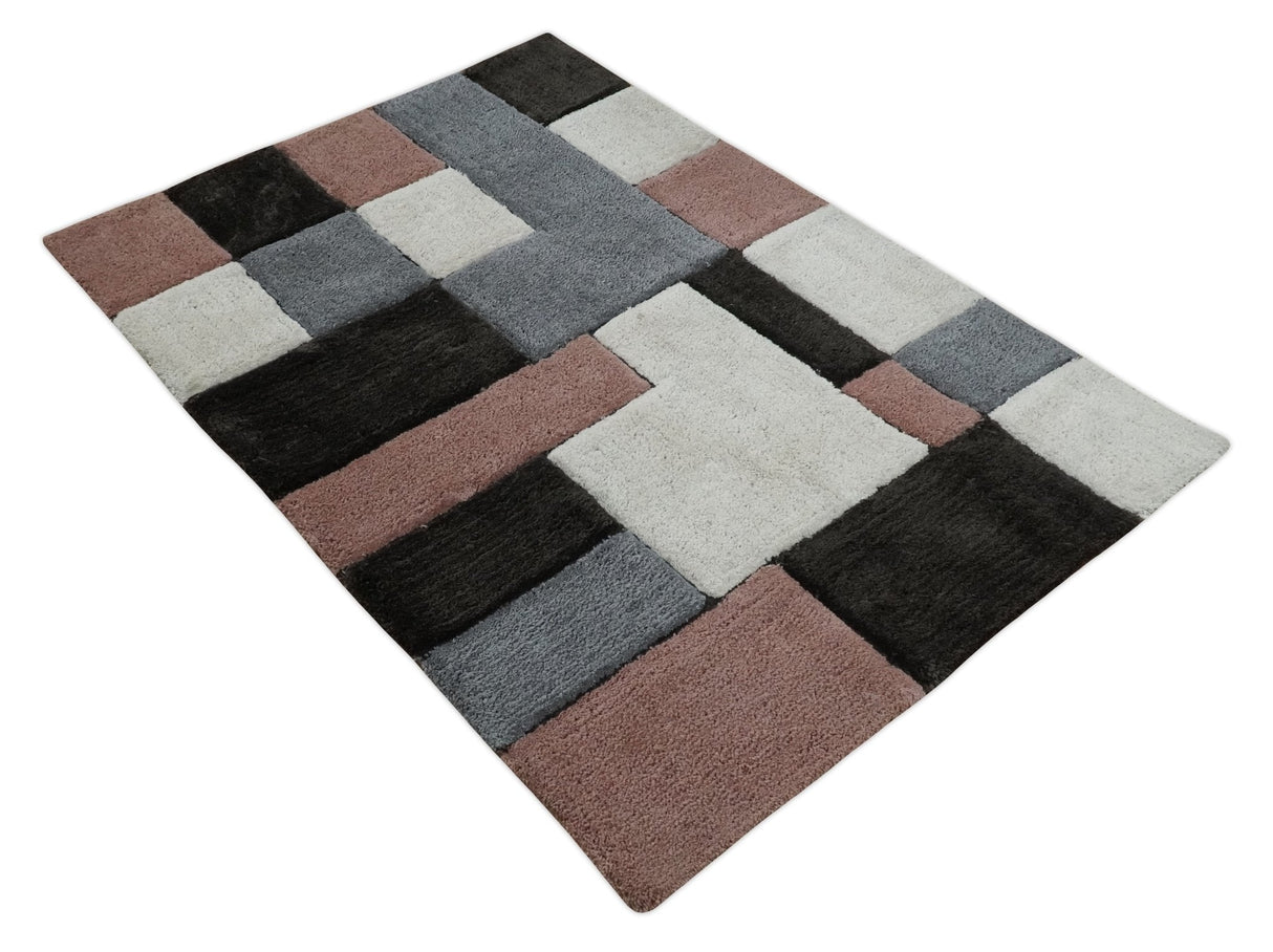 3x5, 4x6 and 5x7 Hand Woven Shag Ivory. Charcoal and Peach Art Silk Soft Viscose Area Rug-Area Rug-Parc Decor