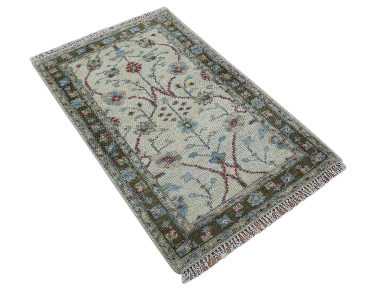 3x5 Hand knotted Beige And Blue Traditional Design Wool Area Rug