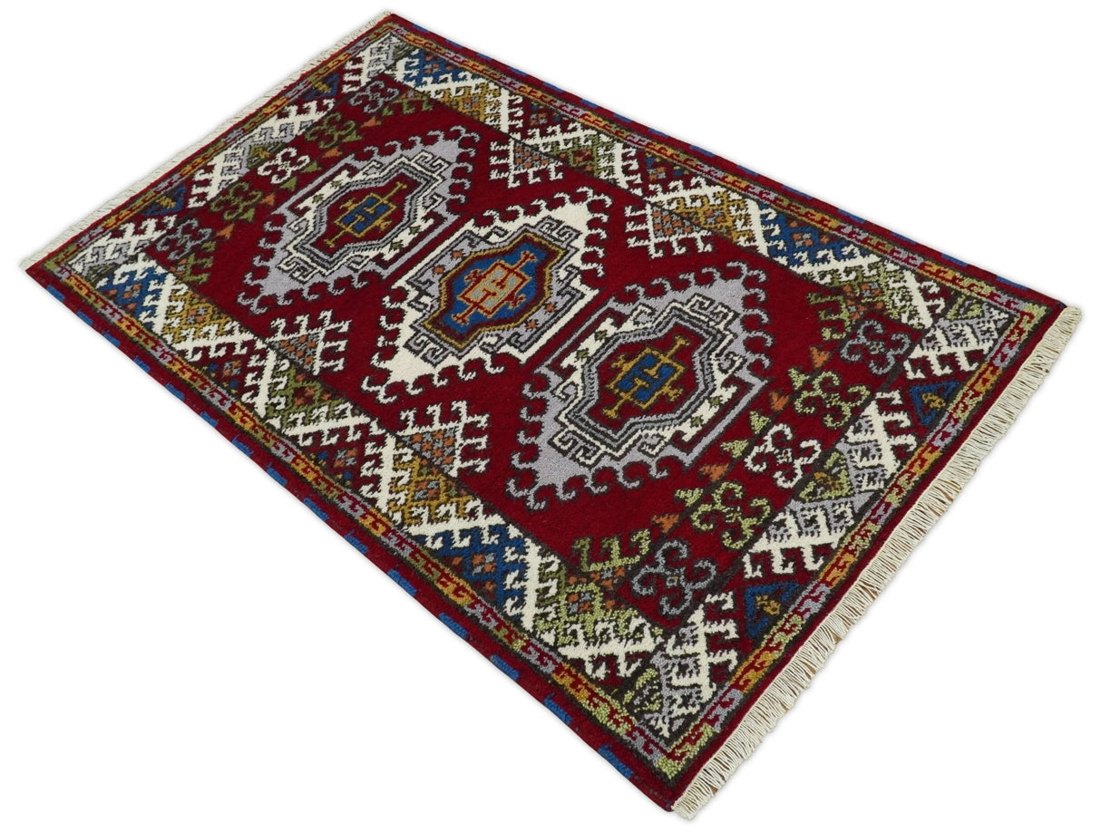 3x5 Hand Knotted Traditional Kazak Red and Ivory Wool Area Rug