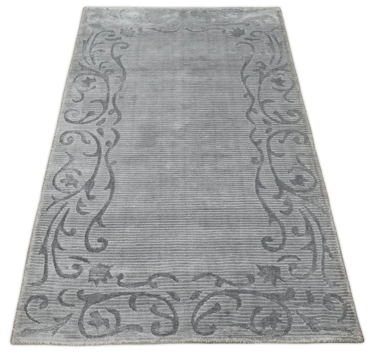3x5 Hand Woven and Carved Silver and Gray Floral Art Silk Rug | KNT10-Area Rug-Parc Decor
