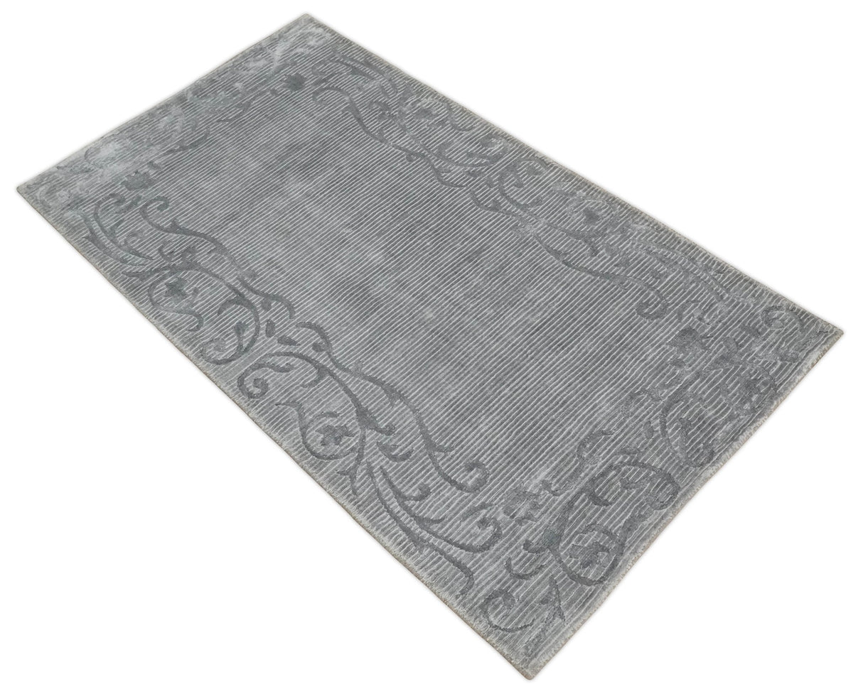 3x5 Hand Woven Silver and Gray Modern Floral Art Silk Rug