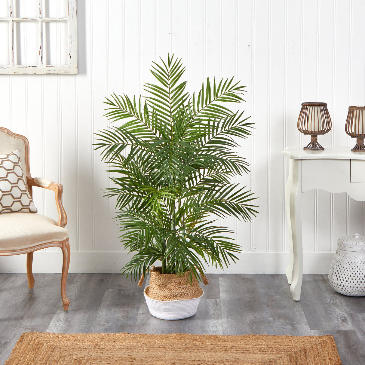 4' Areca Artificial Palm in Boho Chic Handmade Cotton & Jute White Woven Planter-Parc Decor
