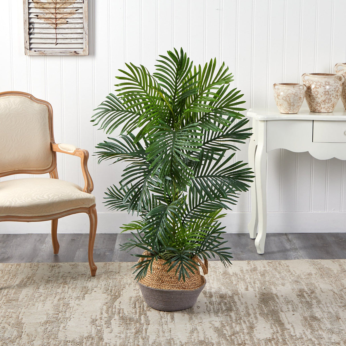 4’ Areca Palm Tree in Boho Chic Handmade Cotton & Jute Gray Woven Planter UV Resistant-Parc Decor