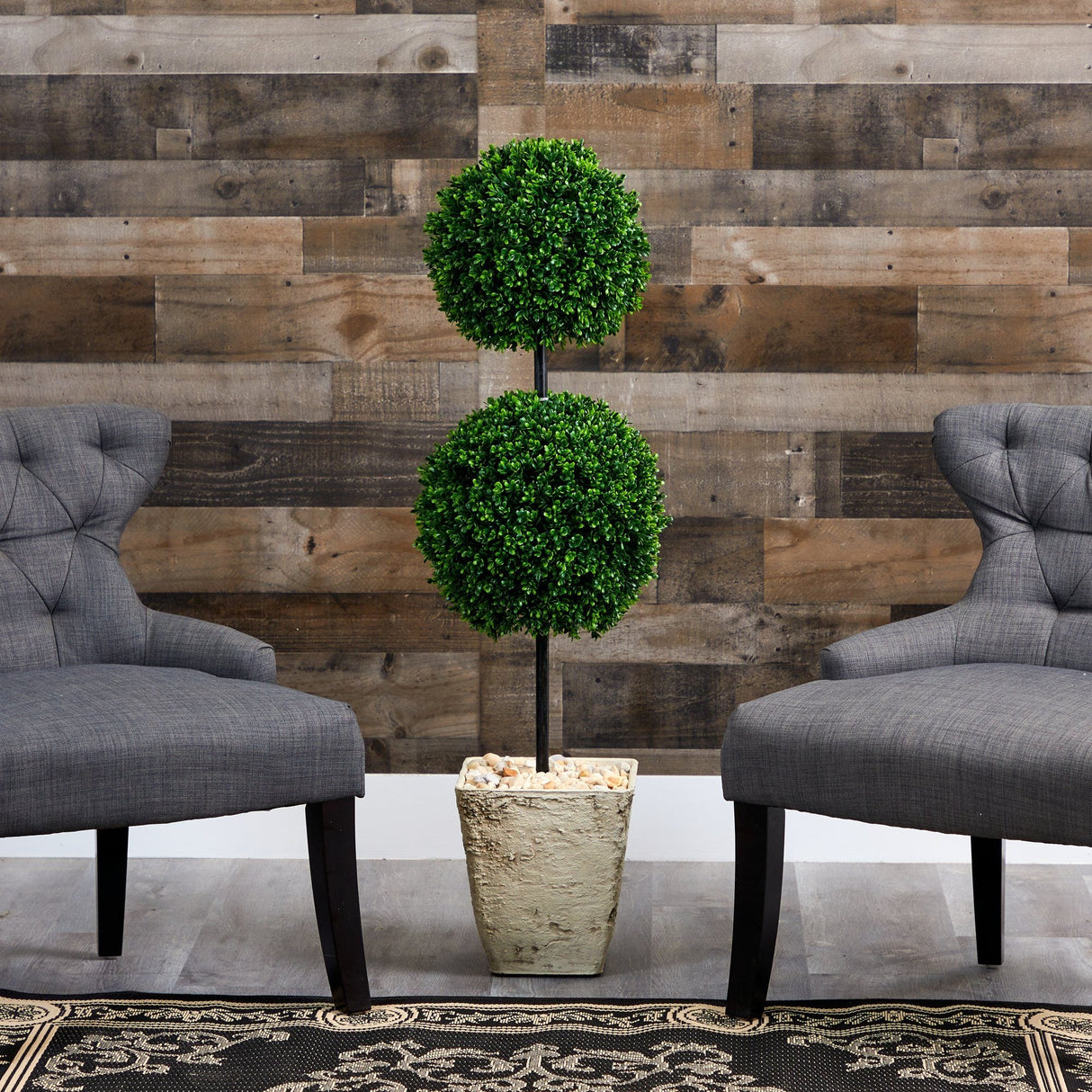 4’ Boxwood Double Ball Artificial Topiary Tree in Country White Planter (Indoor/Outdoor)-Parc Decor