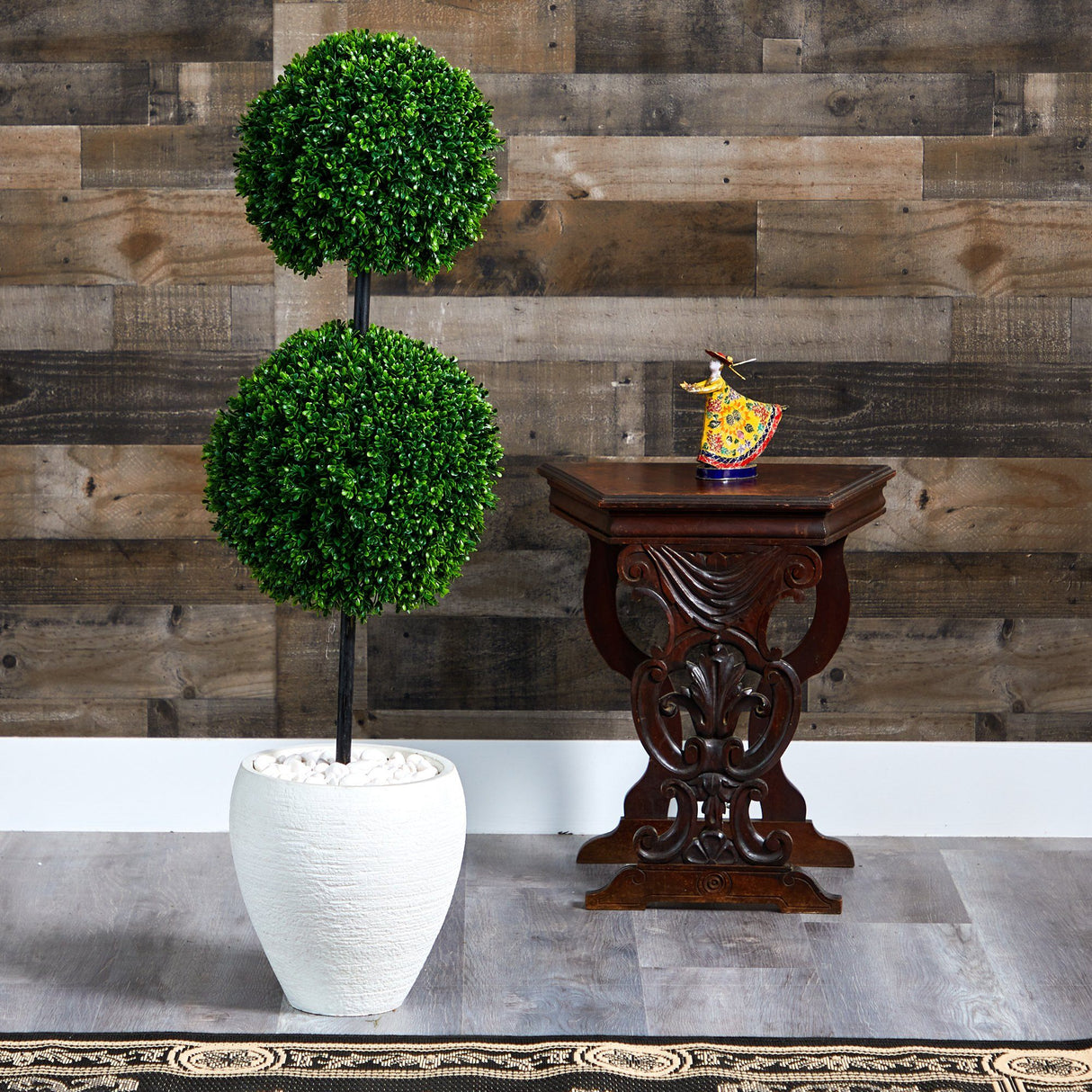 4’ Boxwood Double Ball Artificial Topiary Tree in White Planter (Indoor/Outdoor)-Parc Decor