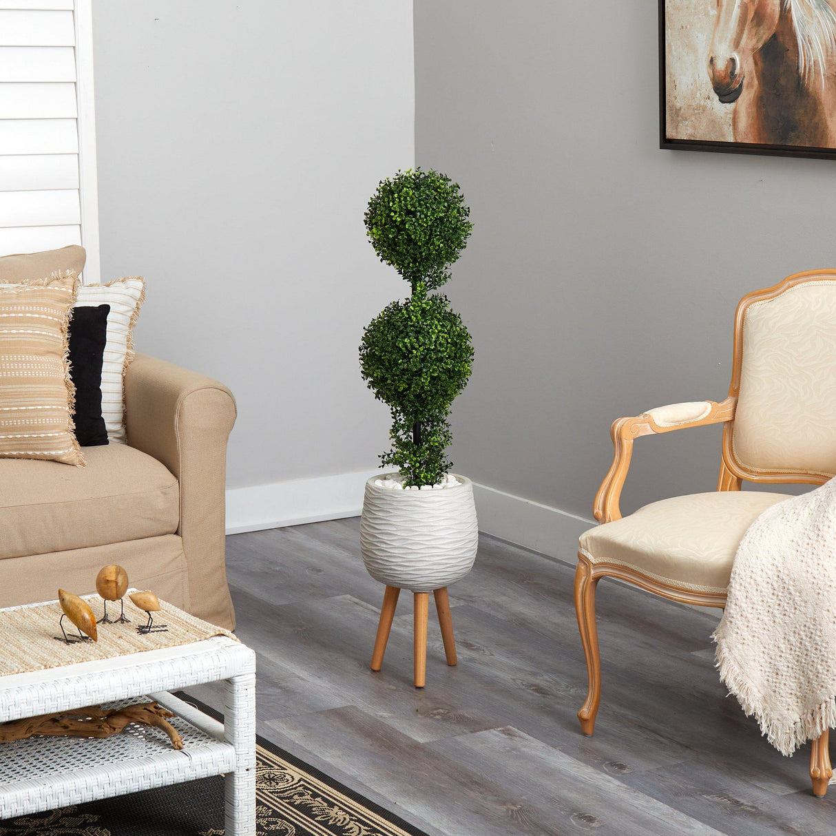 4’ Boxwood Double Ball Topiary Artificial Tree in White Planter with Stand (Indoor/Outdoor)-Parc Decor