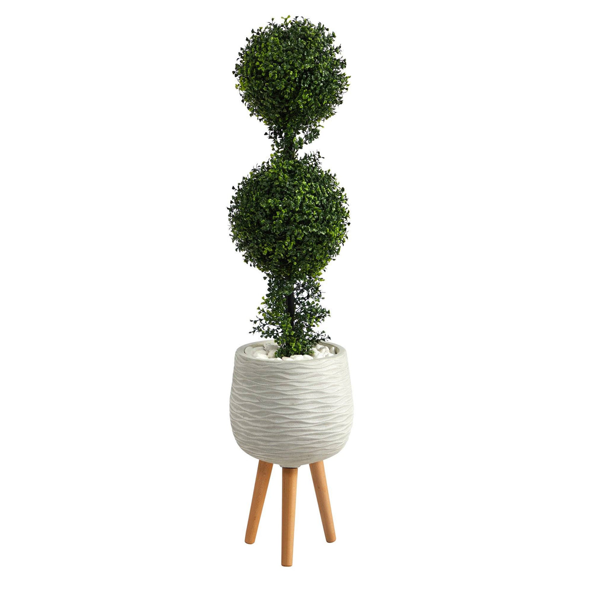4’ Boxwood Double Ball Topiary Artificial Tree in White Planter with Stand (Indoor/Outdoor)-Parc Decor