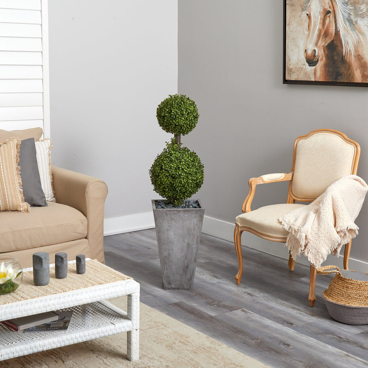 4’ Double Boxwood Topiary Artificial Tree in Cement Planter (Indoor/Outdoor)-Parc Decor