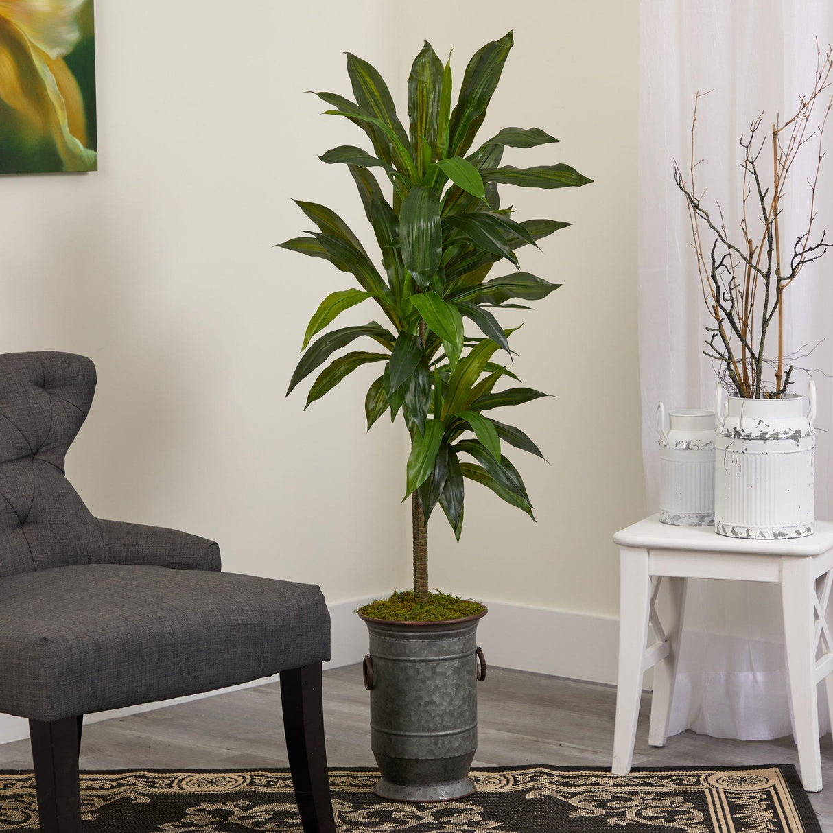 4’ Dracaena Artificial Plant in Vintage Metal Planter (Real Touch)-Parc Decor