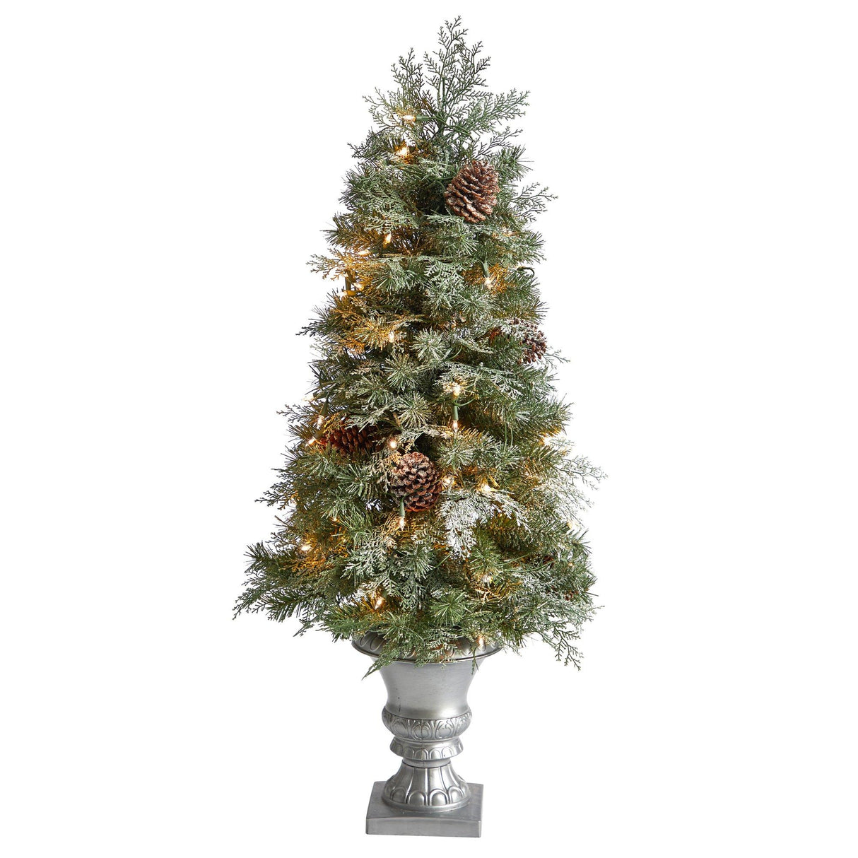 4’ English Pine Tree with 100 Warm White LED Lights and 413 Bendable Branches in Decorative Urn-Parc Decor