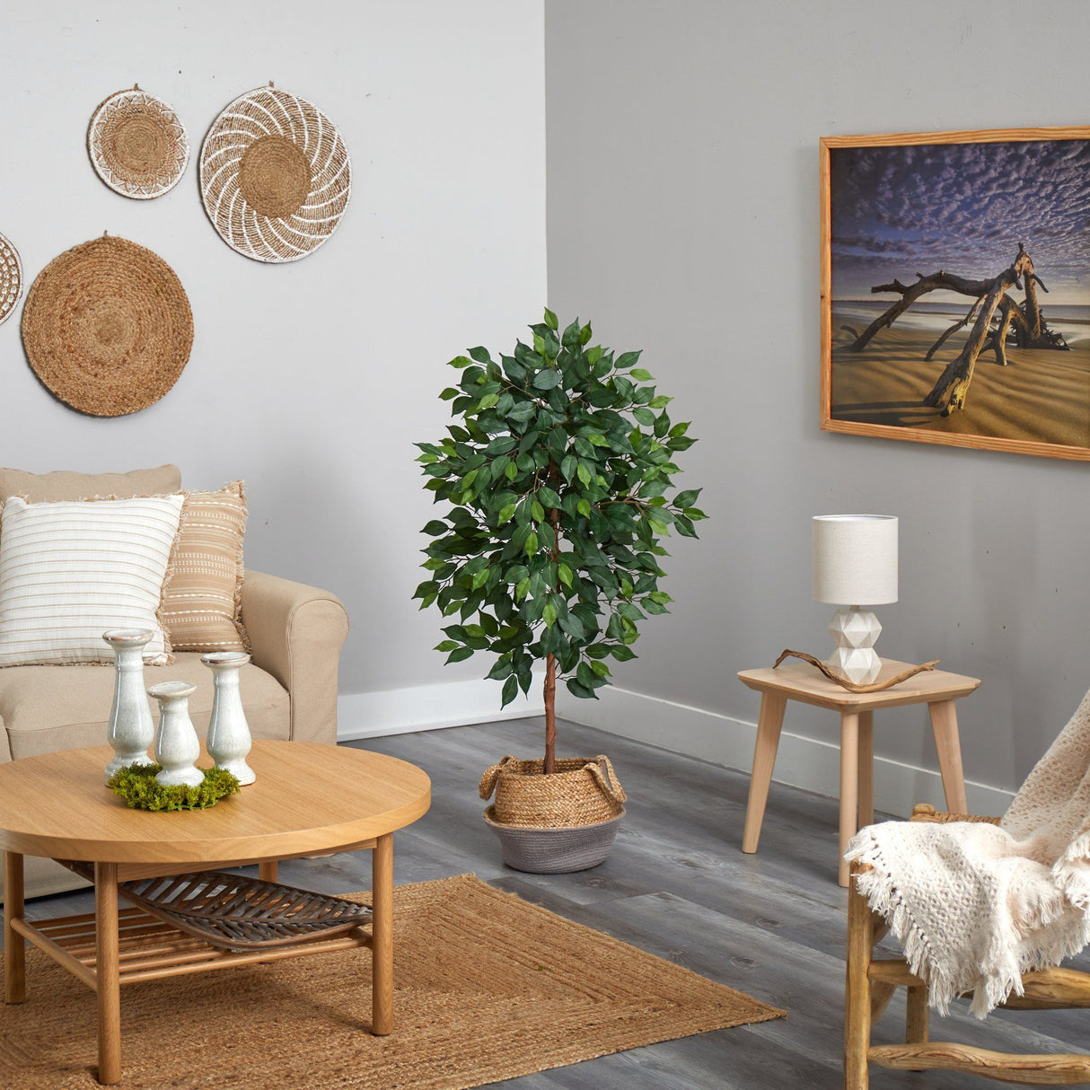 4’ Ficus Artificial Tree in Boho Chic Handmade Cotton & Jute Gray Woven Planter-Parc Decor