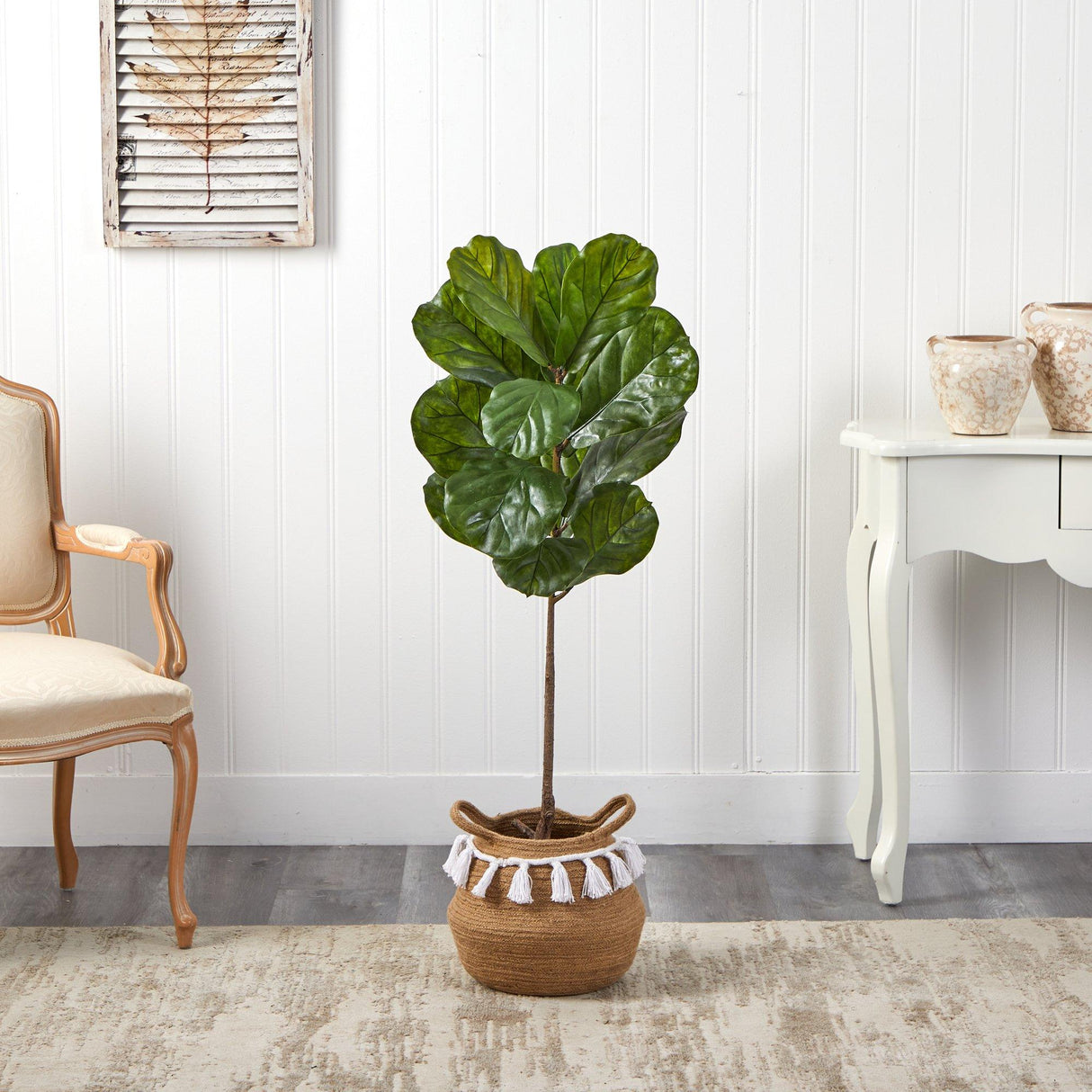 4’ Fiddle Leaf Tree in Boho Chic Handmade Natural Cotton Woven Planter with Tassels UV Resistant-Parc Decor