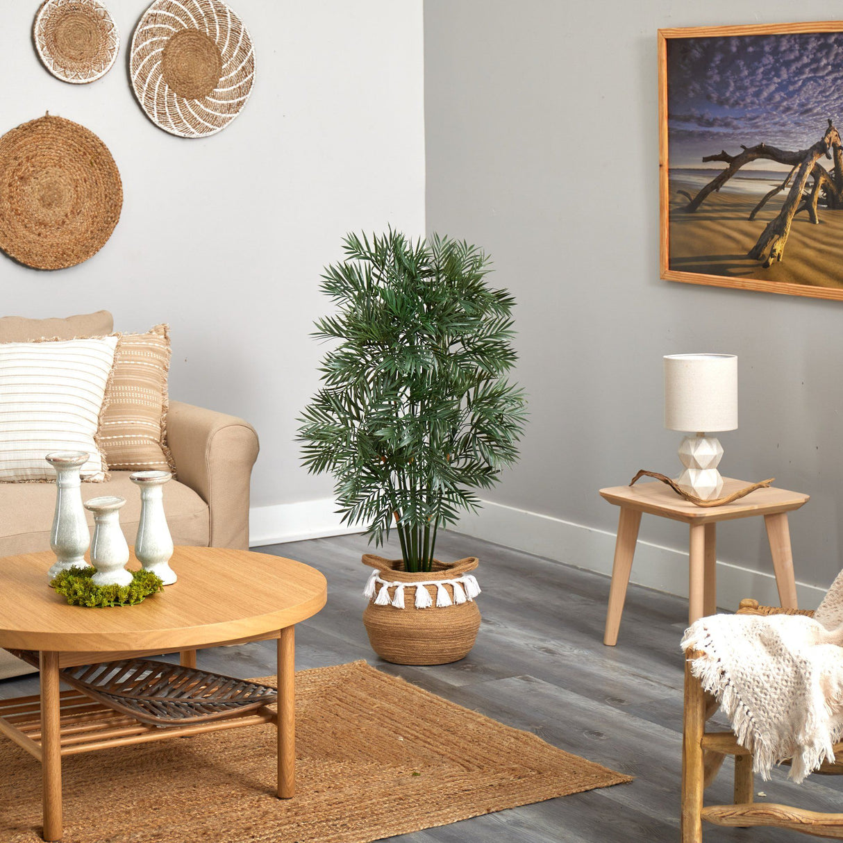 4' Parlor Palm Artificial Tree in Boho Chic Handmade Natural Cotton Woven Planter with Tassels-Parc Decor