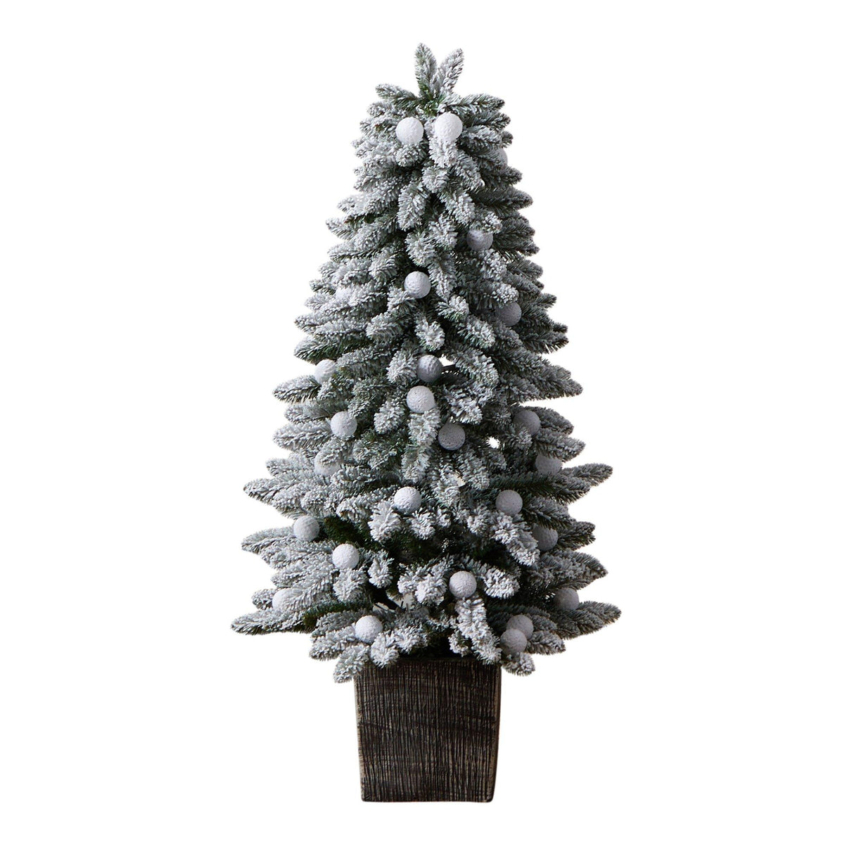 4' Winter Flocked Pre-Lit Tree with 40 LED Globe Lights, 259 Branches in Decorative Planter-Parc Decor