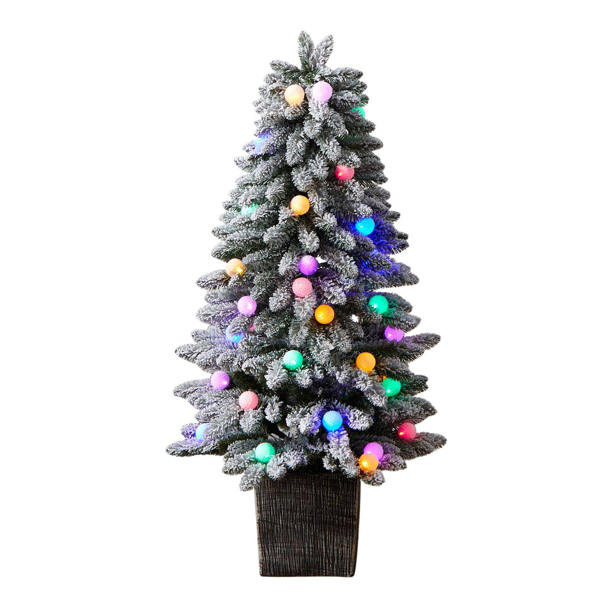 4' Winter Flocked Pre-Lit Tree with 40 LED Globe Lights, 259 Branches in Decorative Planter-Parc Decor