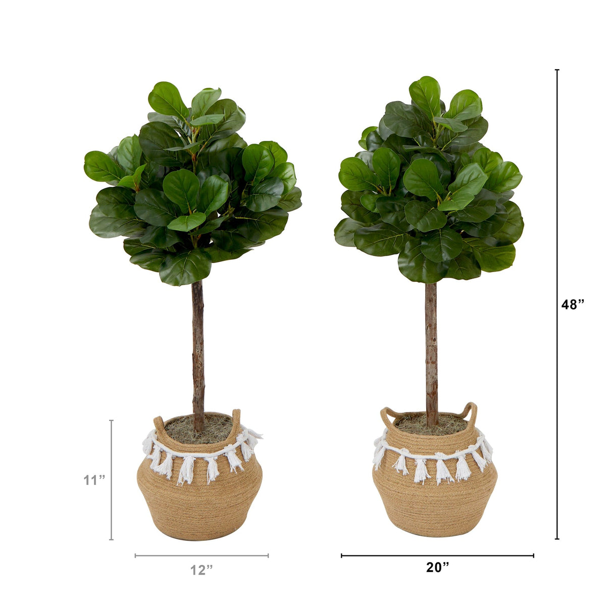 4' Artificial Fiddle Leaf Fig Tree with Handmade Jute & Cotton Basket with Tassels DIY KIT- Set of 2-Plant in Planter-Parc Decor