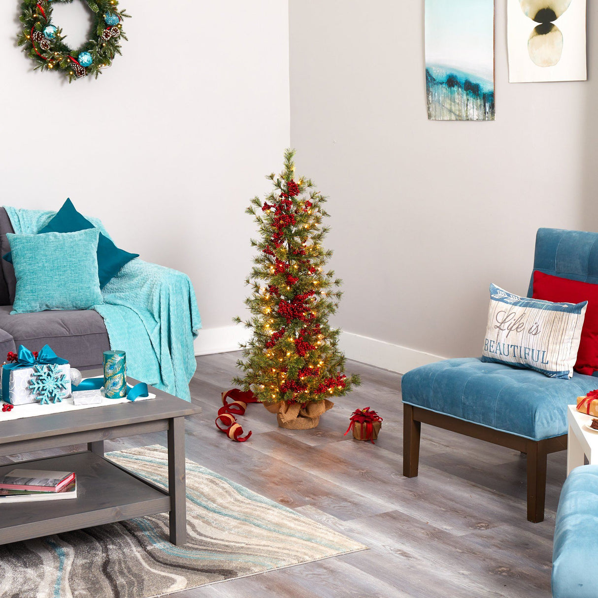 4’ Berry and Pine Artificial Christmas Tree with 100 Warm White Lights and Burlap Wrapped Base-Christmas Tree-Parc Decor