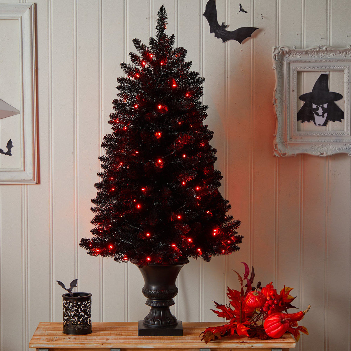4’ Black Halloween Artificial Christmas Tree in Urn with 100 Orange LED Lights-Christmas Tree-Parc Decor