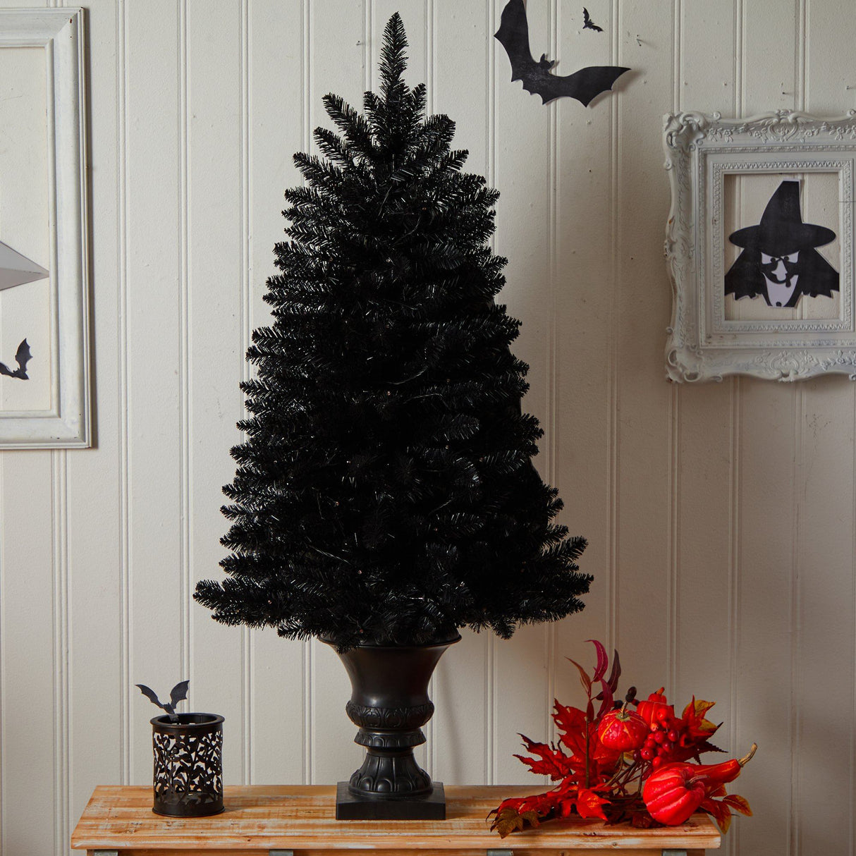 4’ Black Halloween Artificial Christmas Tree in Urn with 100 Orange LED Lights-Christmas Tree-Parc Decor