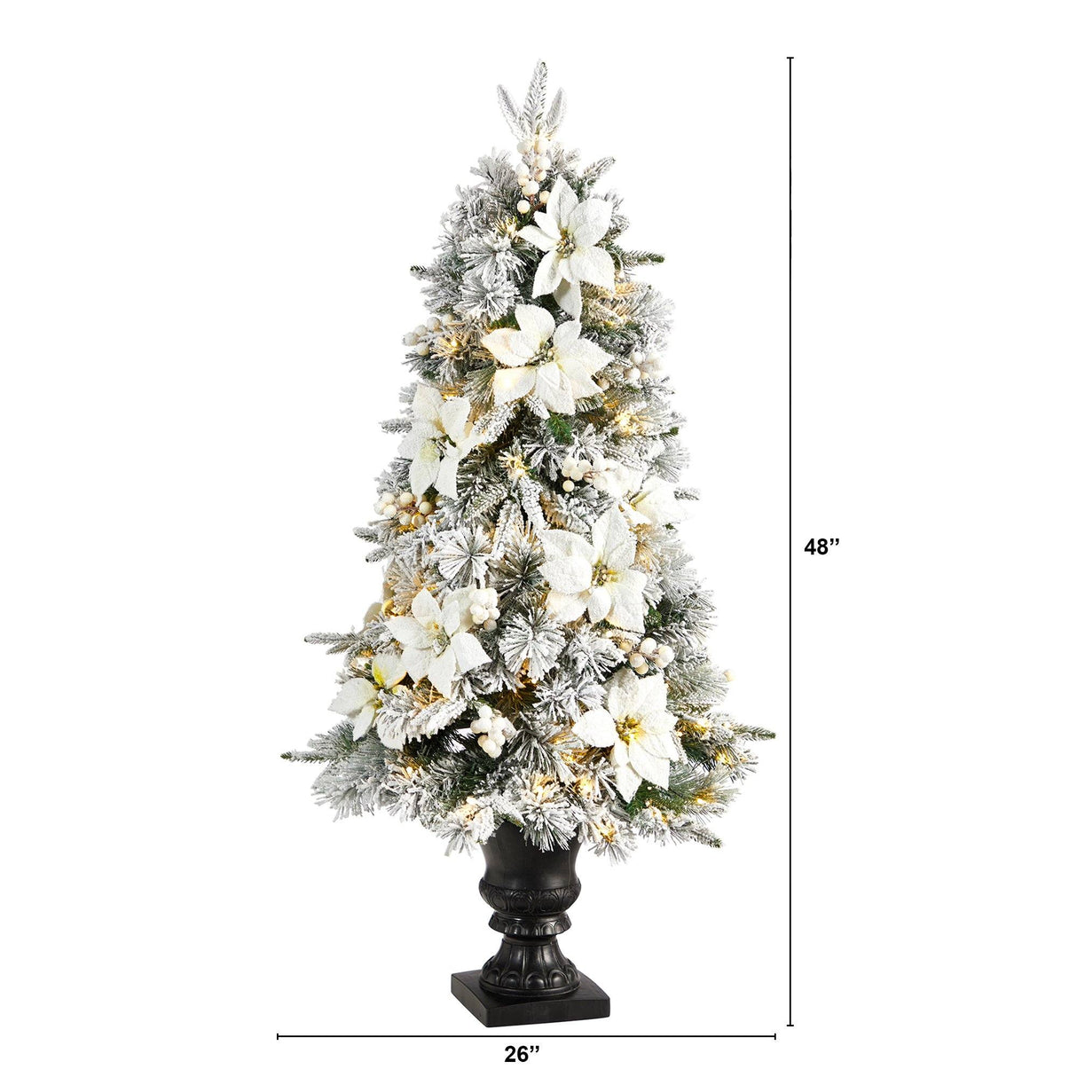 4’ Flocked Artificial Christmas Tree with 223 Bendable Branches and 100 Warm Lights in Decorative Urn-Christmas Tree-Parc Decor