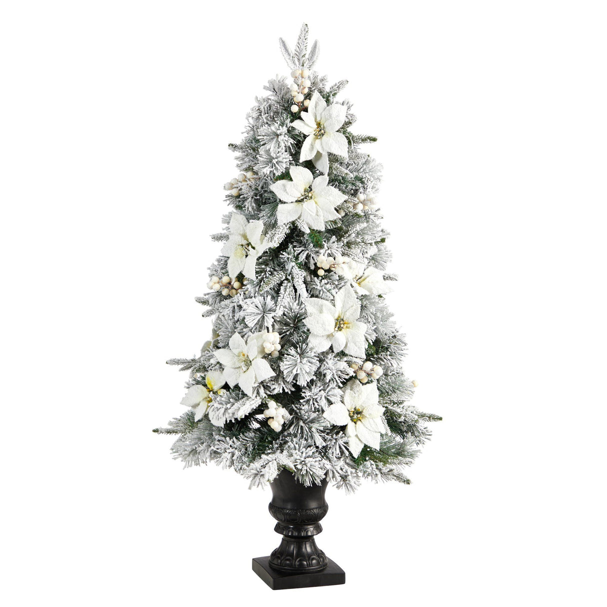 4’ Flocked Artificial Christmas Tree with 223 Bendable Branches and 100 Warm Lights in Decorative Urn-Christmas Tree-Parc Decor