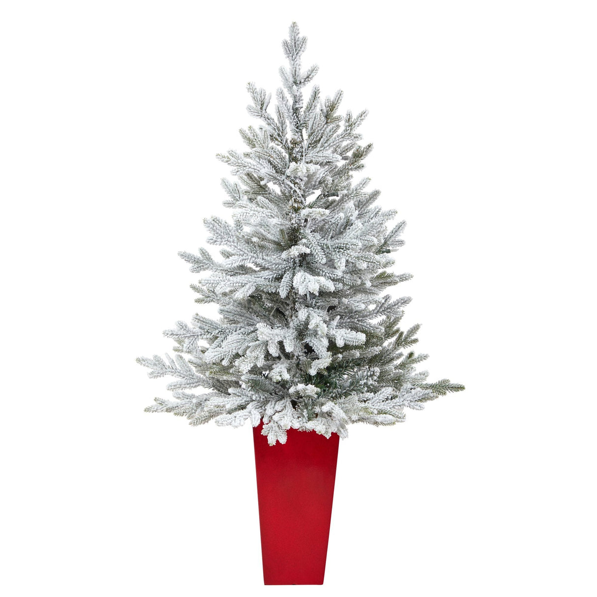 4’ Flocked Fraser Fir Artificial Christmas Tree with 200 Warm White Lights and 481 Bendable Branches in Red Planter-Christmas Tree-Parc Decor