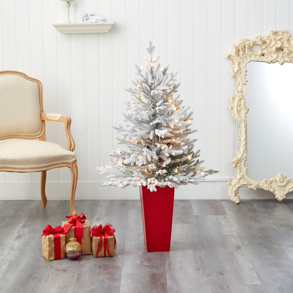 4’ Flocked Fraser Fir Artificial Christmas Tree with 200 Warm White Lights and 481 Bendable Branches in Red Planter-Christmas Tree-Parc Decor