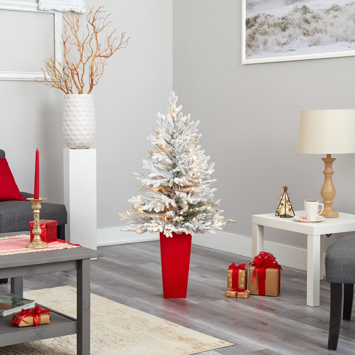 4’ Flocked Fraser Fir Artificial Christmas Tree with 200 Warm White Lights and 481 Bendable Branches in Red Planter-Christmas Tree-Parc Decor