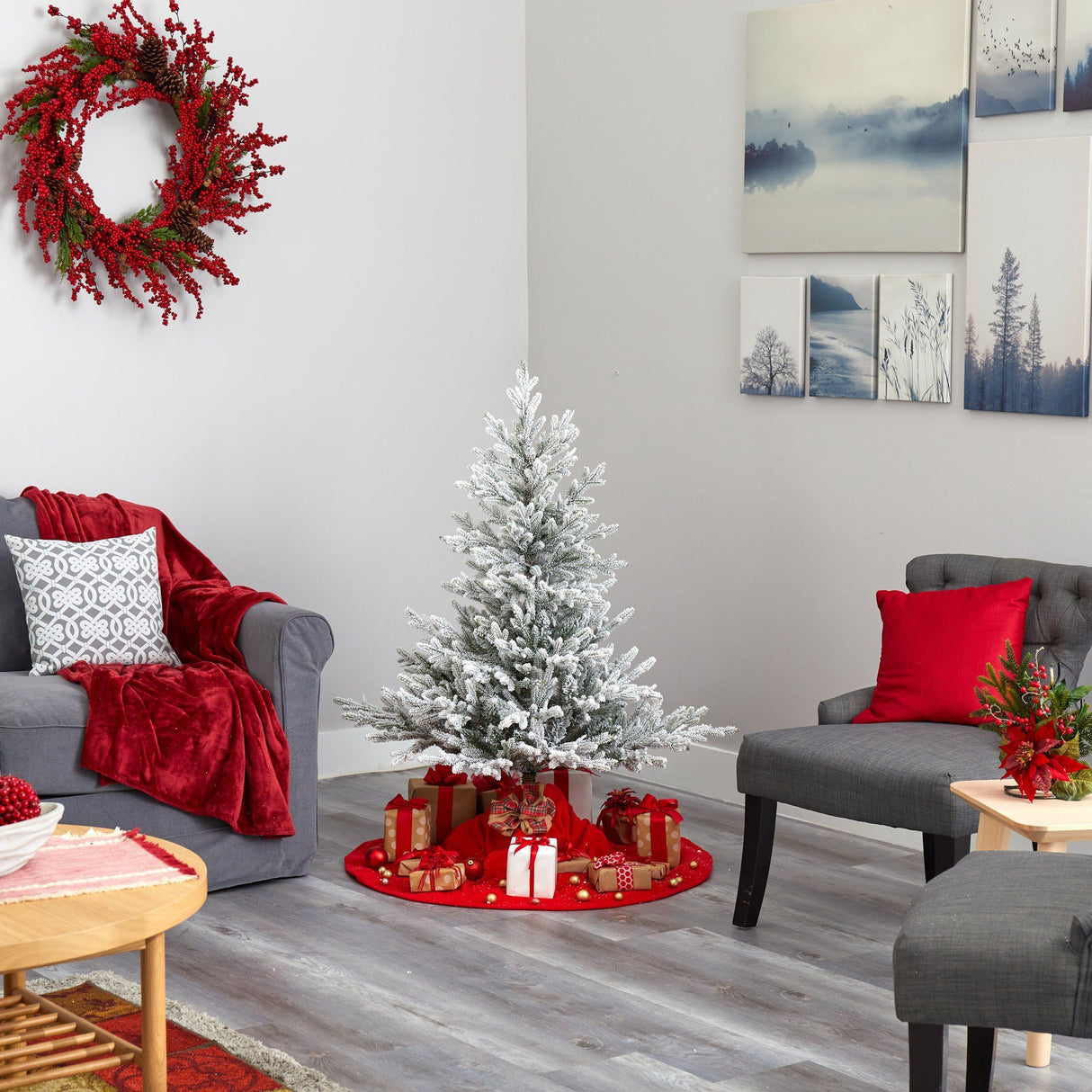 4’ Flocked Fraser Fir Artificial Christmas Tree with 300 Warm White Lights and 967 Bendable Branches-Christmas Tree-Parc Decor