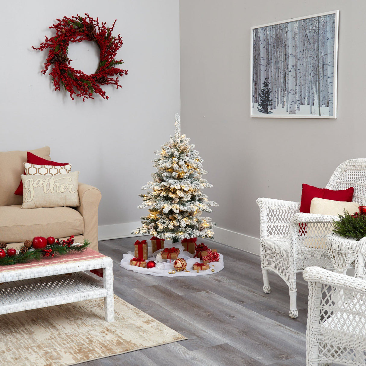 4’ Flocked Livingston Fir Artificial Christmas Tree with Pine Cones and 150 Clear Warm LED Lights-Christmas Tree-Parc Decor