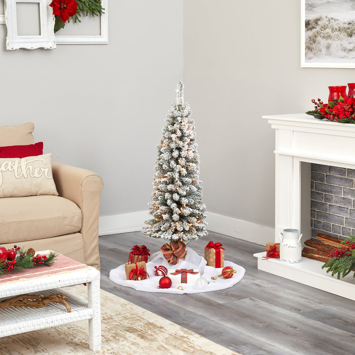 4’ Flocked Pencil Artificial Christmas Tree with 100 Clear Lights and 216 Bendable Branches-Christmas Tree-Parc Decor