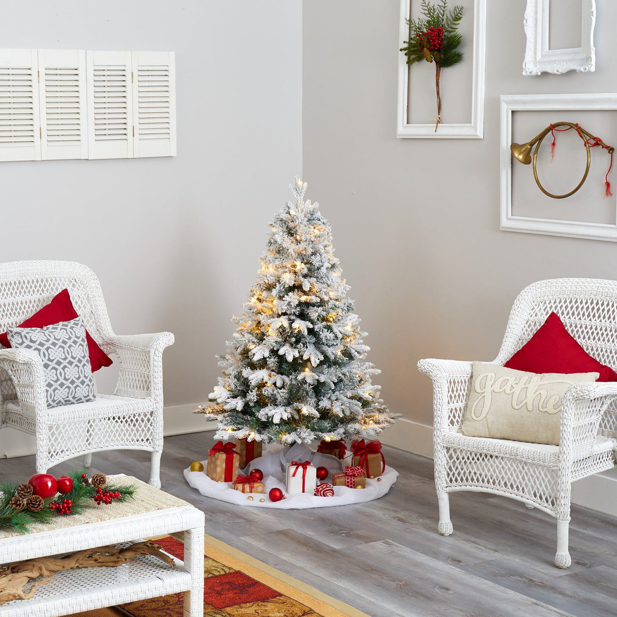 4' Flocked Vermont Mixed Pine Artificial Christmas Tree with 100 Clear LED Lights-Christmas Tree-Parc Decor