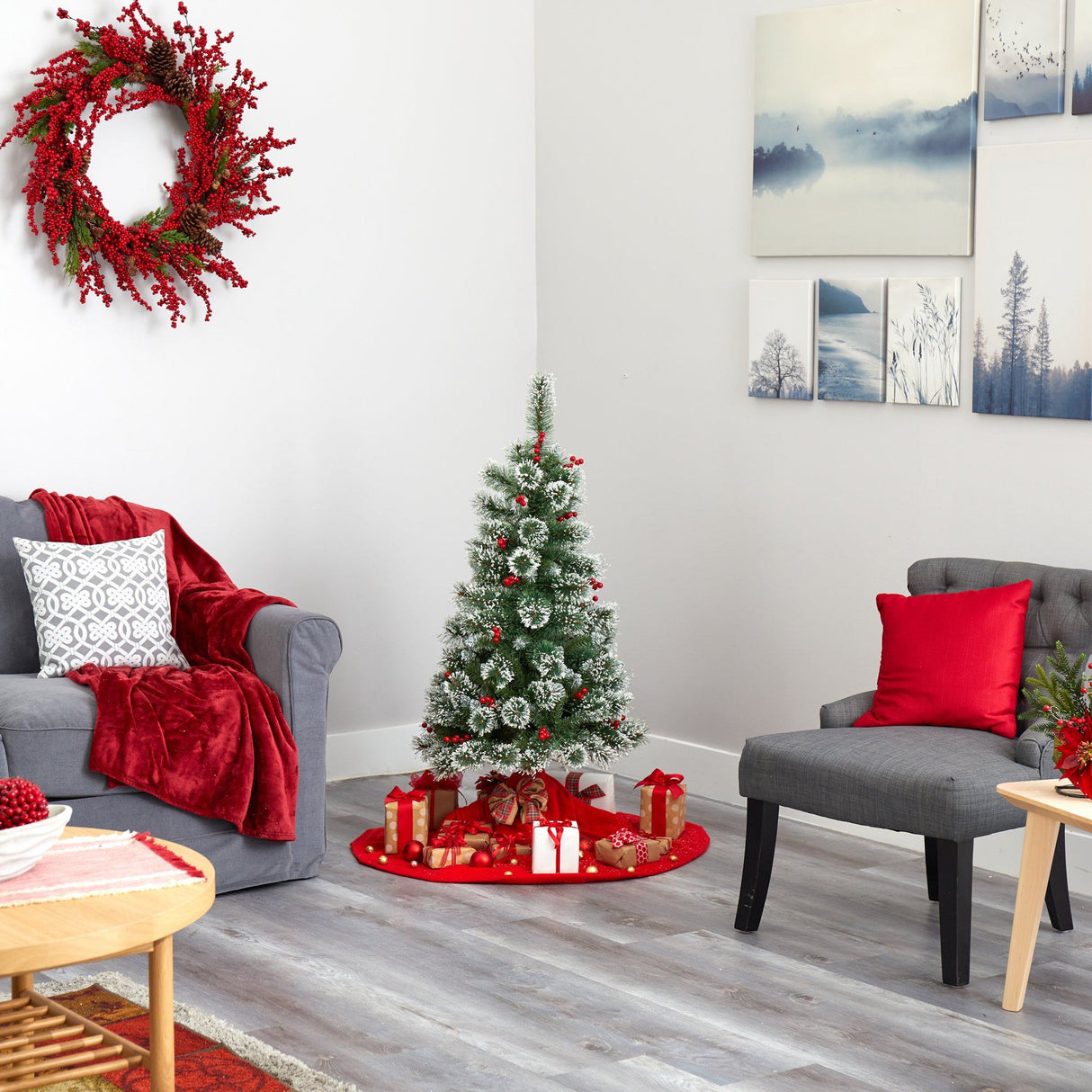 4’ Frosted Swiss Pine Artificial Christmas Tree with 100 Clear LED Lights and Berries-Christmas Tree-Parc Decor