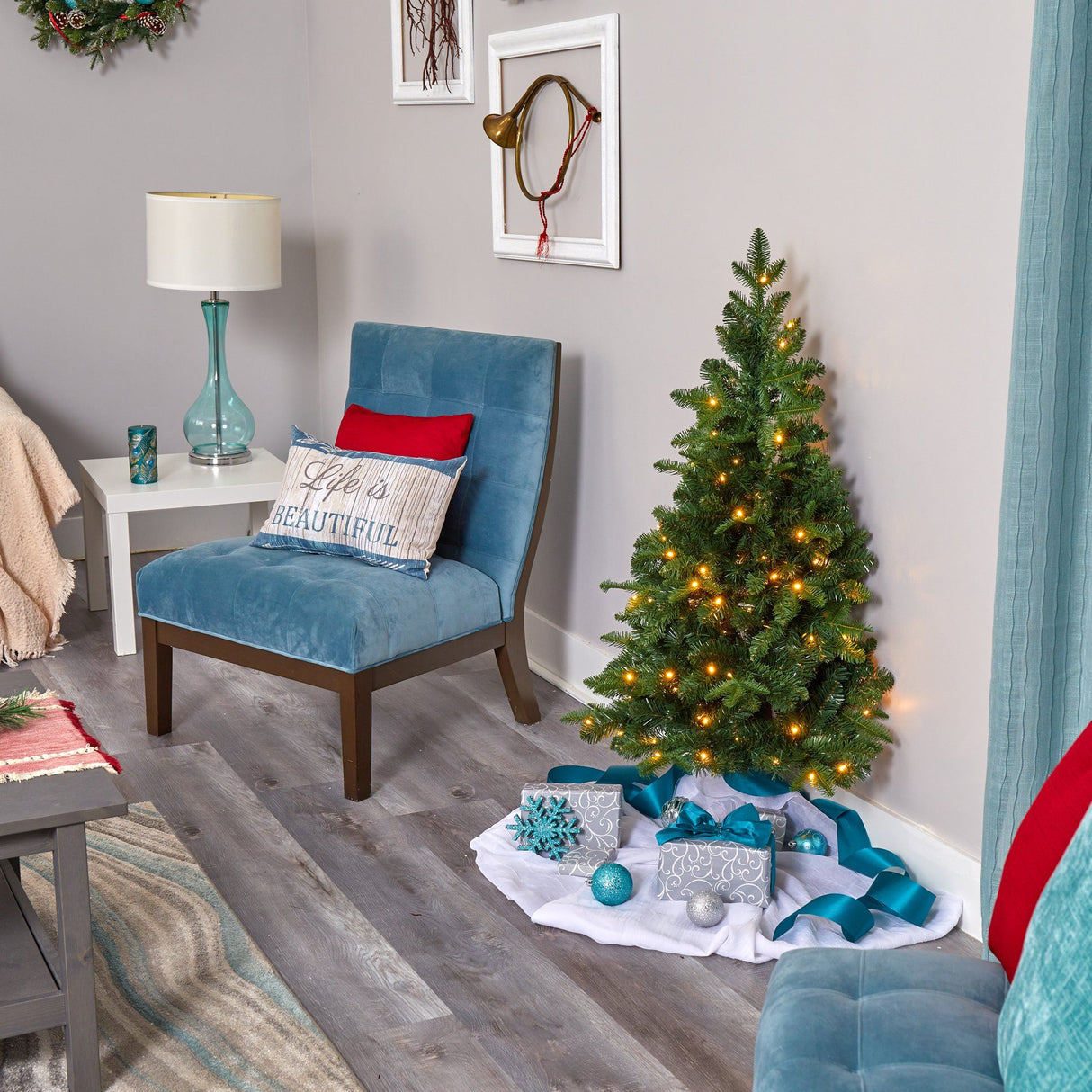 4’ Grand Teton Spruce Flat Back Artificial Christmas Tree with 90 Clear LED Lights and 369 Bendable Branches-Christmas Tree-Parc Decor