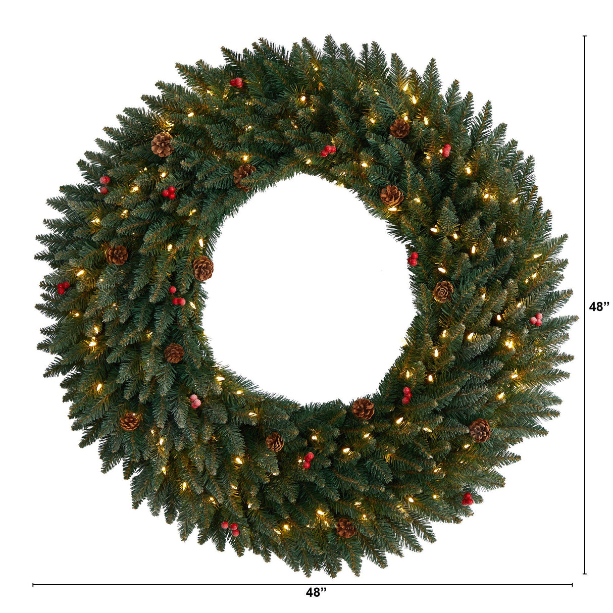 4’ Large Flocked Wreath with Pinecones, Berries, 150 Clear LED Lights and 400 Bendable Branches-Wreath-Parc Decor