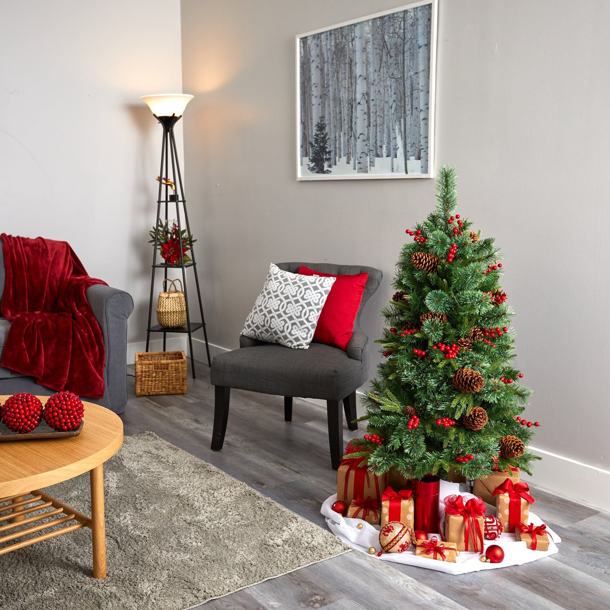 4’ Norway Mixed Pine Artificial Christmas Tree with 150 Clear LED Lights, Pine Cones and Berries-Christmas Tree-Parc Decor