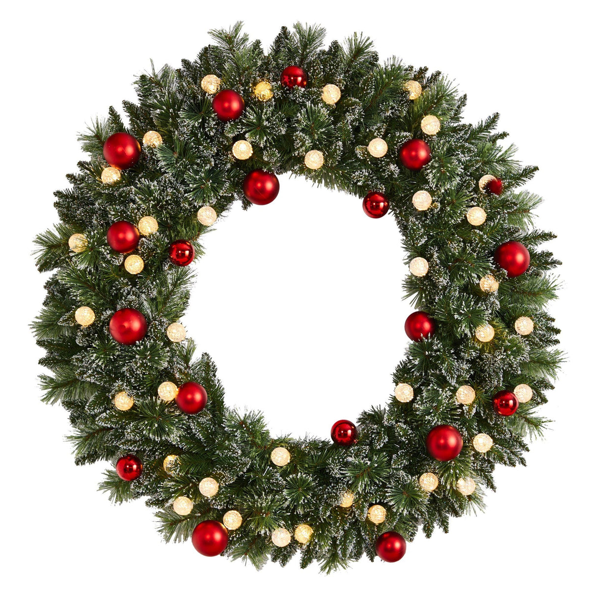 4' Oversized Pre-Lit Frosted Holiday Christmas Wreath with Ornaments and 40 LED Globe Lights-Wreath-Parc Decor