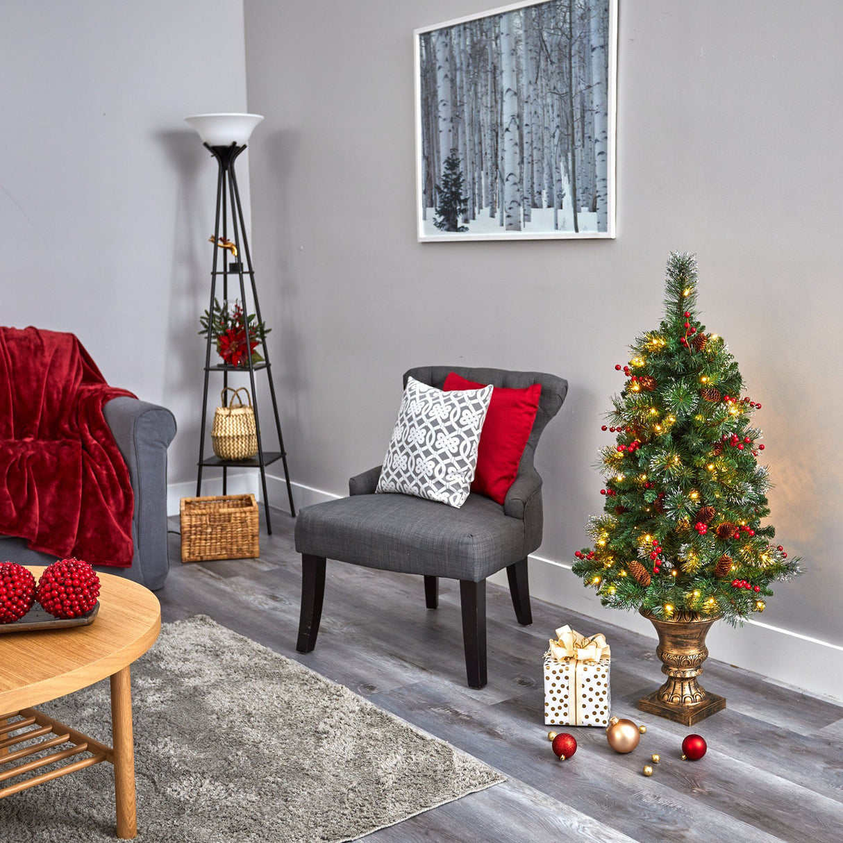 4’ Pine, Pinecone and Berries Artificial Christmas Tree with 100 Clear LED Lights in Decorative Urn-Christmas Tree-Parc Decor