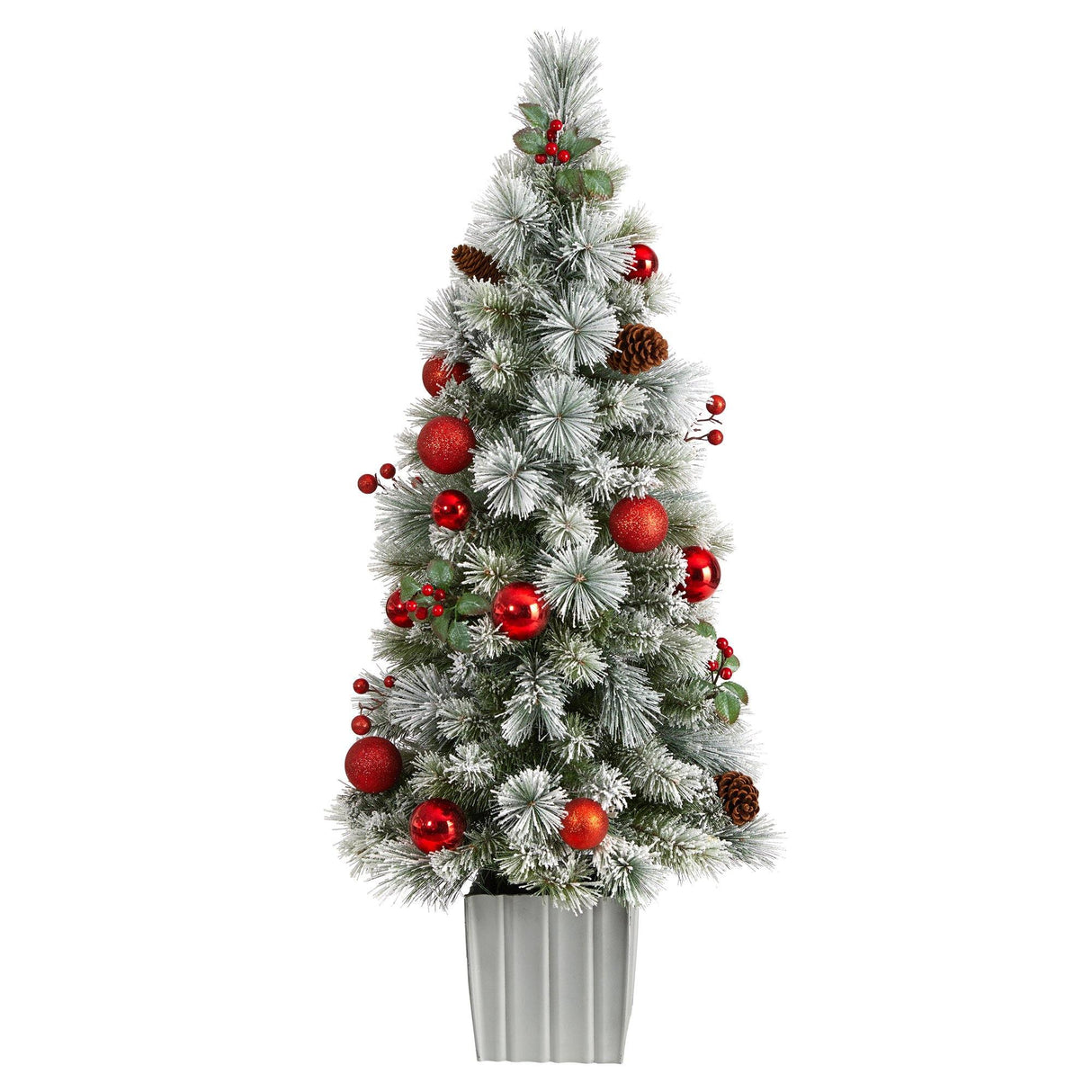 4' Winter Flocked Christmas Tree Pre-Lit with 50 Lights and Ornaments in Decorative Planter-Christmas Tree-Parc Decor