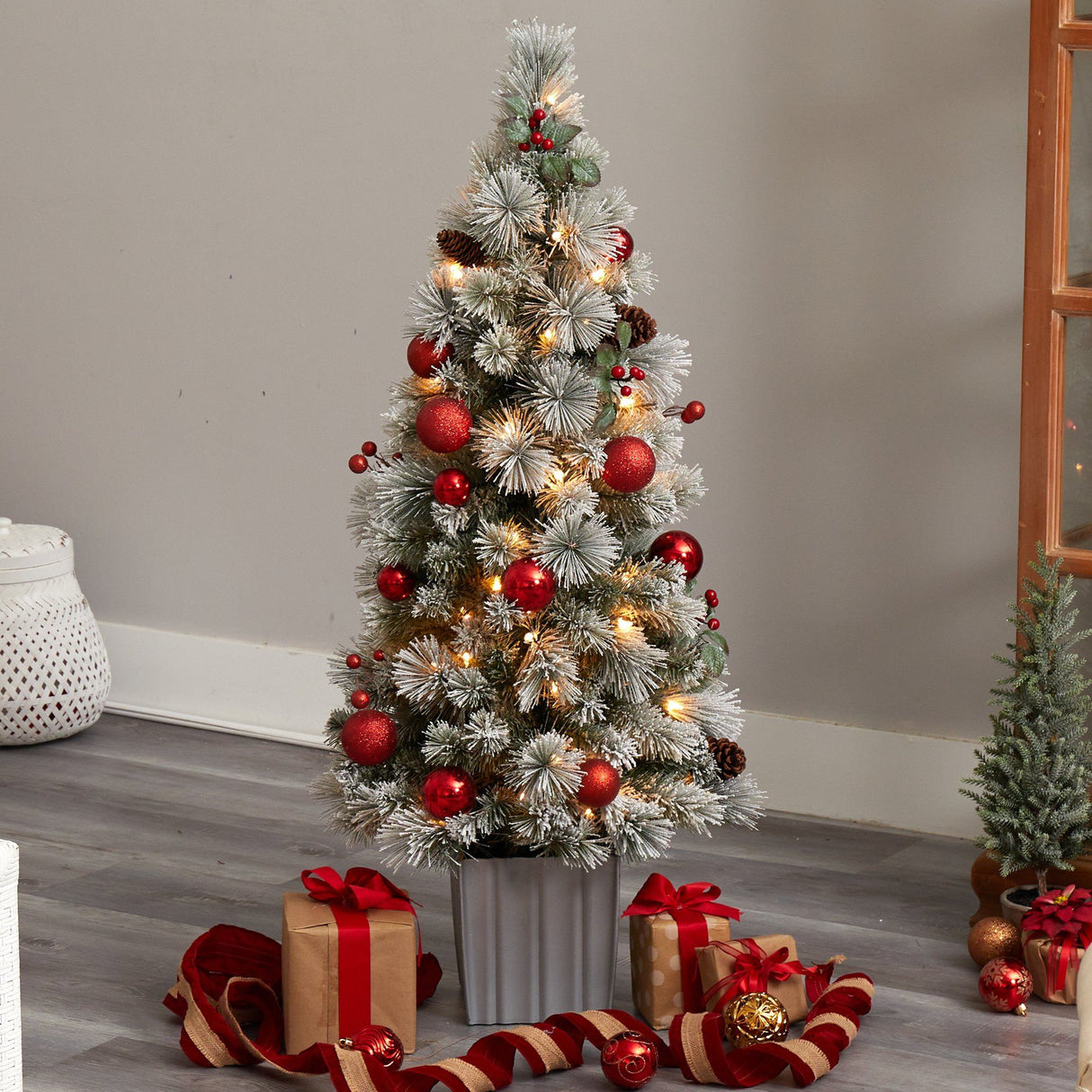 4' Winter Flocked Christmas Tree Pre-Lit with 50 Lights and Ornaments in Decorative Planter-Christmas Tree-Parc Decor