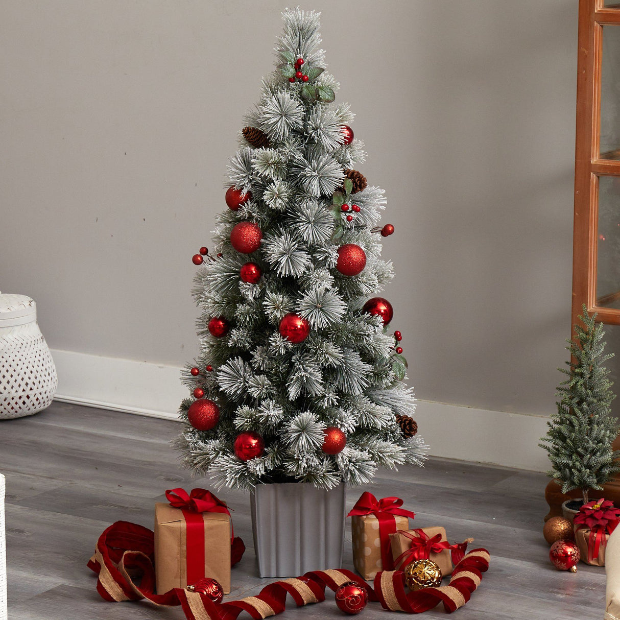 4' Winter Flocked Christmas Tree Pre-Lit with 50 Lights and Ornaments in Decorative Planter-Christmas Tree-Parc Decor