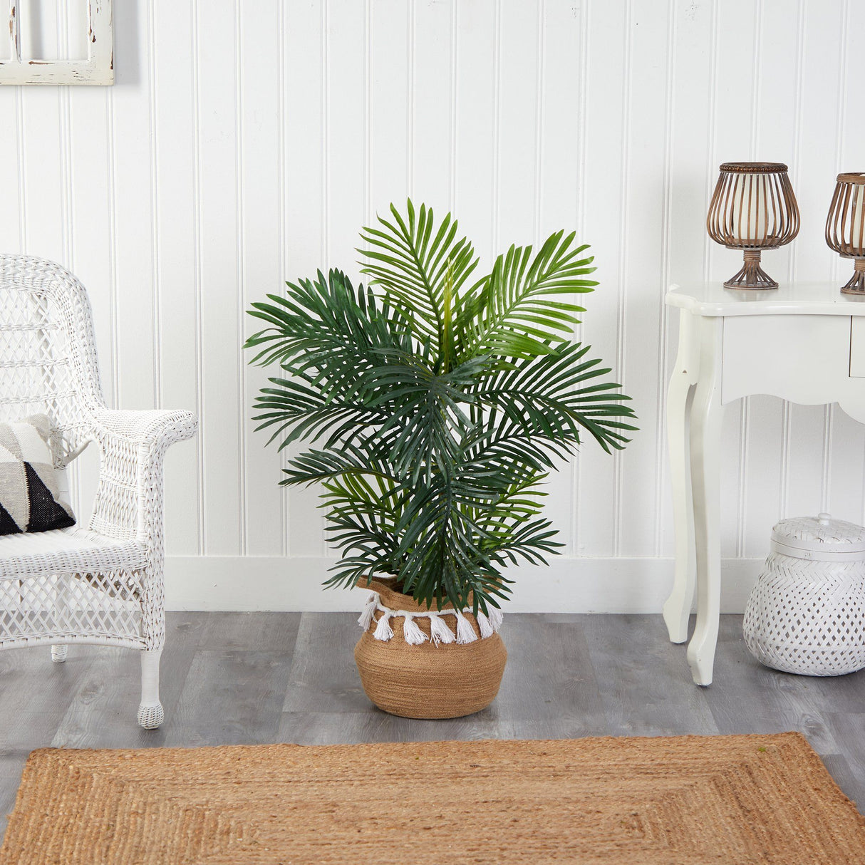 40” Areca Palm Tree in Boho Chic Handmade Natural Cotton Woven Planter with Tassels UV Resistant-Parc Decor