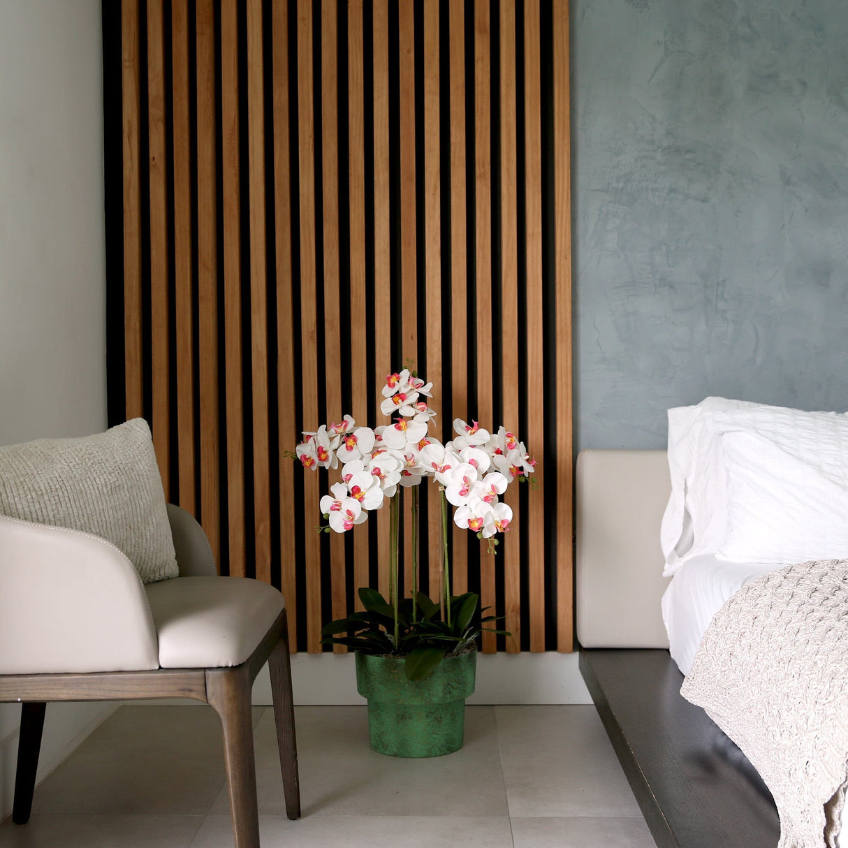 43” Artificial Orchid Arrangement in Patina Metal Planter with Stand-Arrangement-Parc Decor