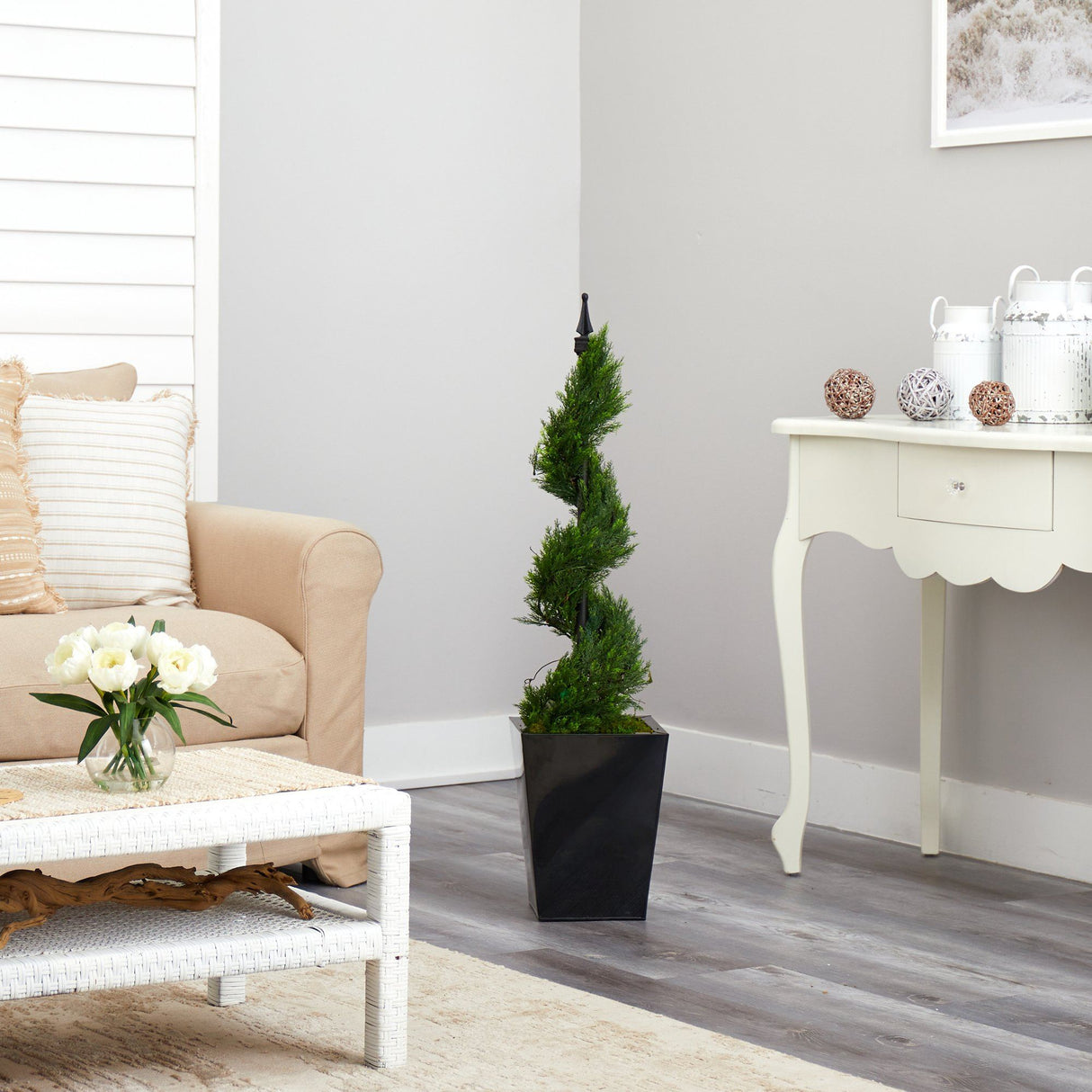 44” Cypress Spiral Topiary Artificial Tree in Black Metal Planter-Parc Decor