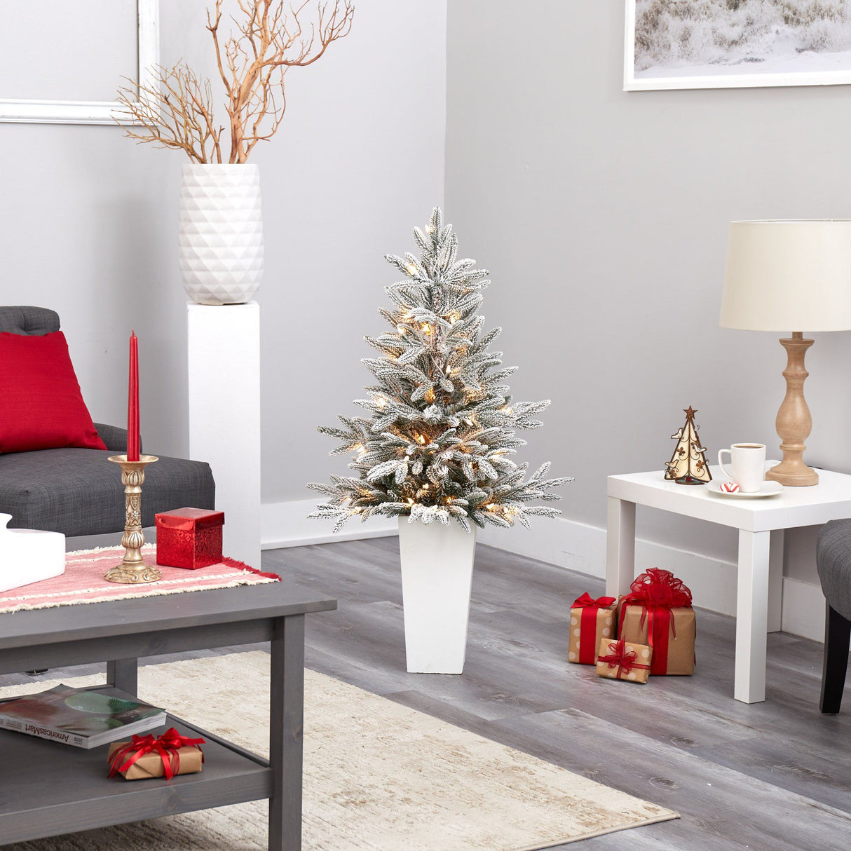 44” Flocked Manchester Spruce Artificial Christmas Tree with 50 Lights and 133 Bendable Branches in White Planter-Christmas Tree-Parc Decor