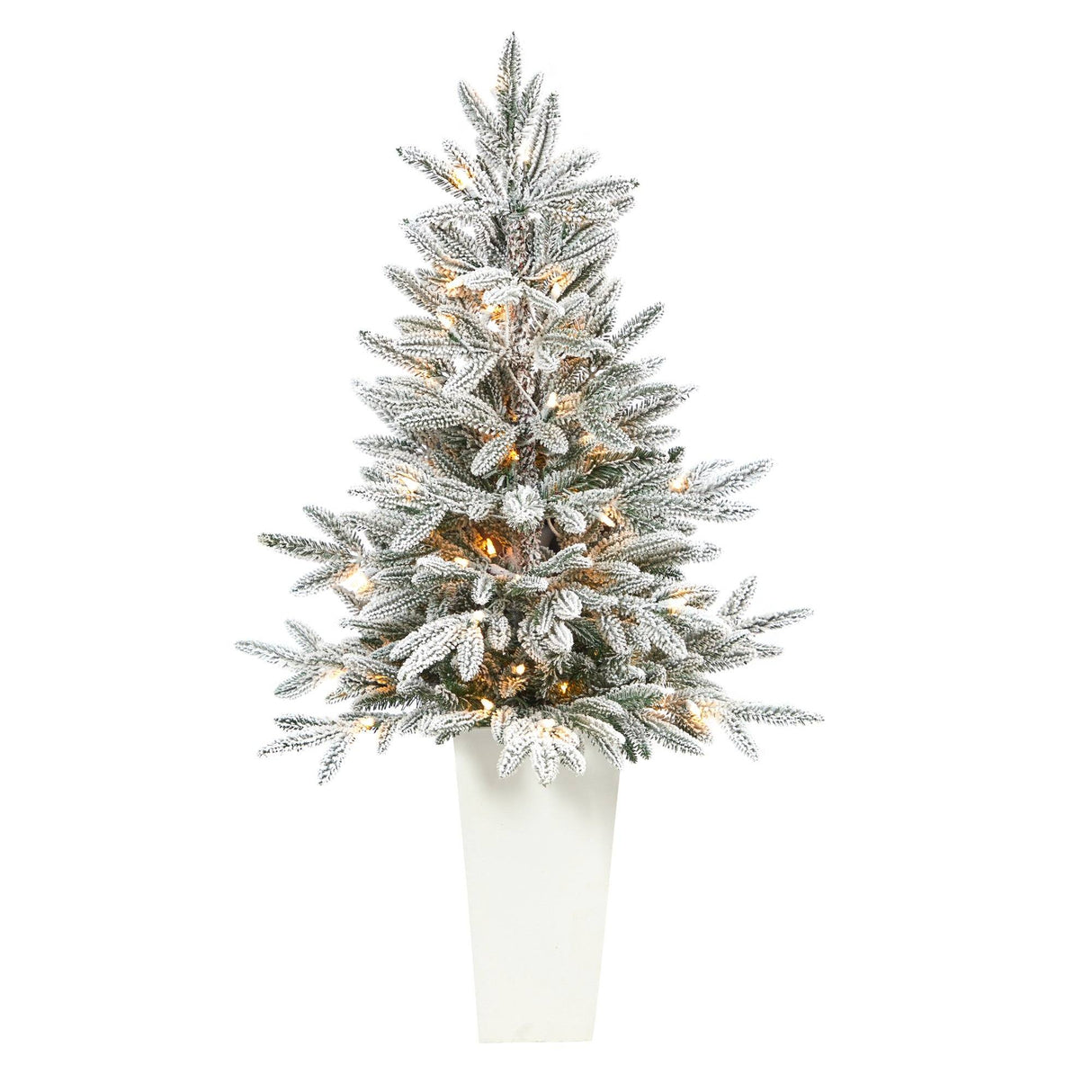 44” Flocked Manchester Spruce Artificial Christmas Tree with 50 Lights and 133 Bendable Branches in White Planter-Christmas Tree-Parc Decor