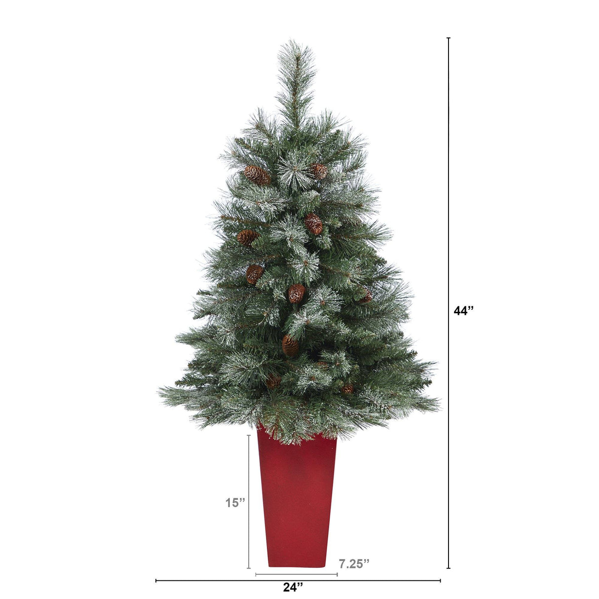 44” Snowed French Alps Mountain Pine Artificial Christmas Tree with 135 Bendable Branches and Pine Cones in Red Planter-Christmas Tree-Parc Decor