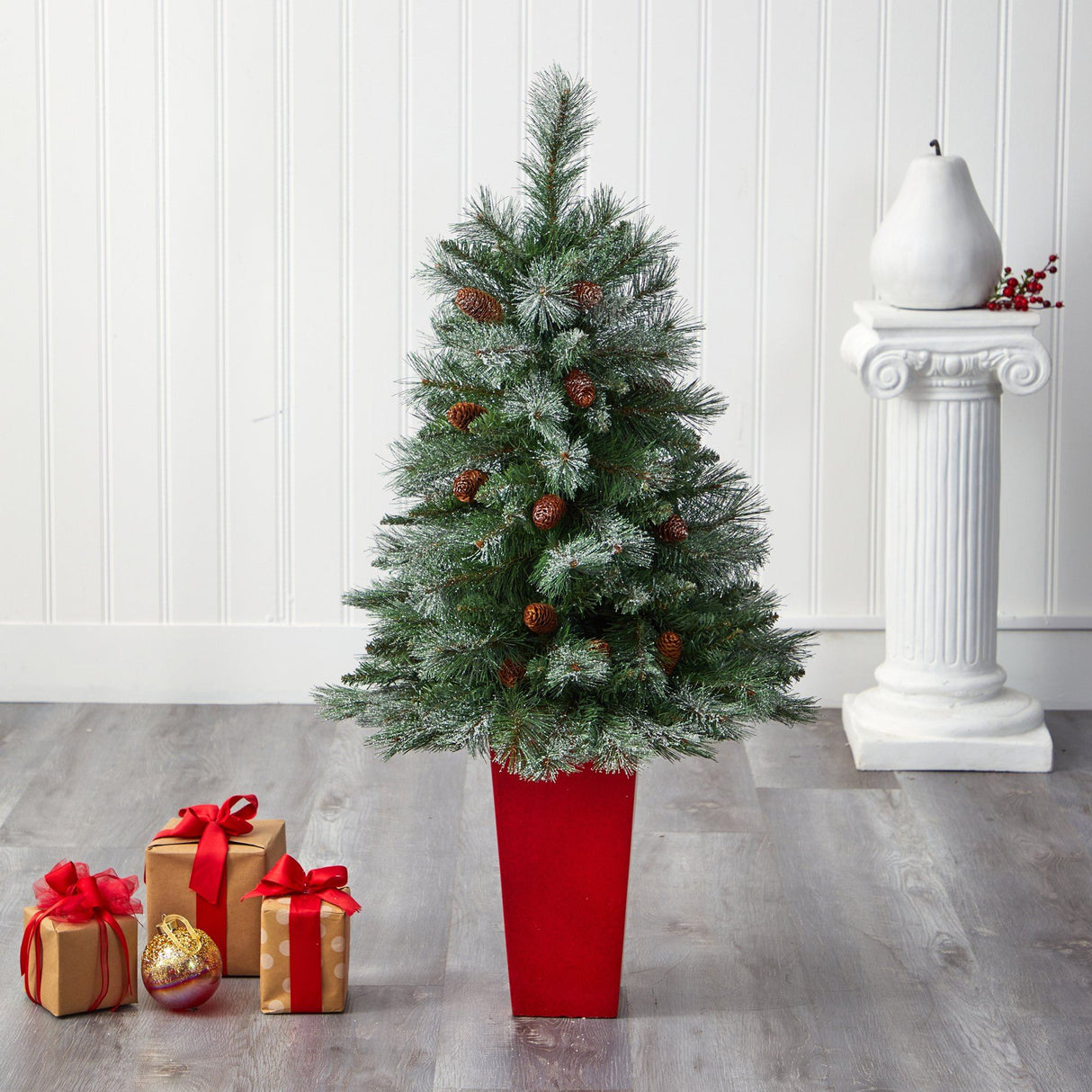 44” Snowed French Alps Mountain Pine Artificial Christmas Tree with 135 Bendable Branches and Pine Cones in Red Planter-Christmas Tree-Parc Decor